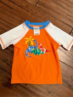 Floatimini Orange, White & Blue Kids Swim Rashguard with Dinosaur Print